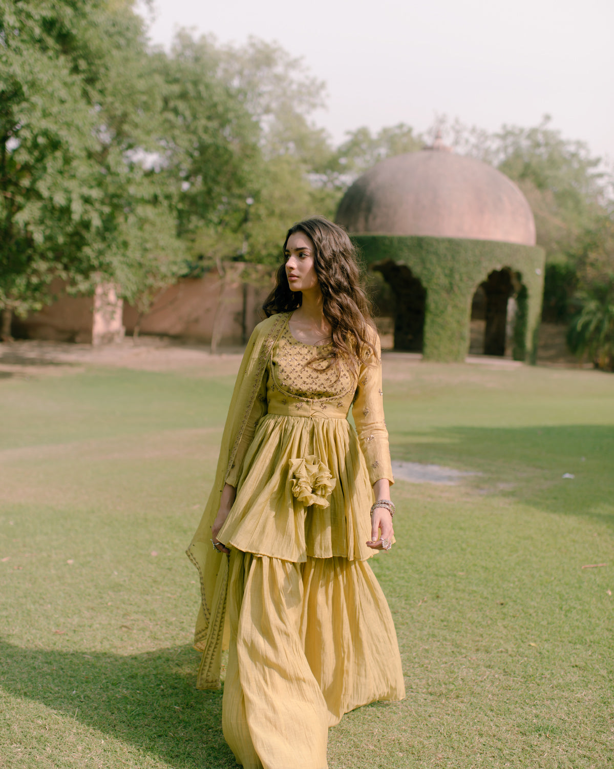 Yellow Green Mirror Work Anarkali Suit Set For Women Online